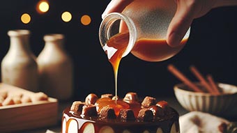 Una persona echando caramelo líquido sobre una tarta de queso